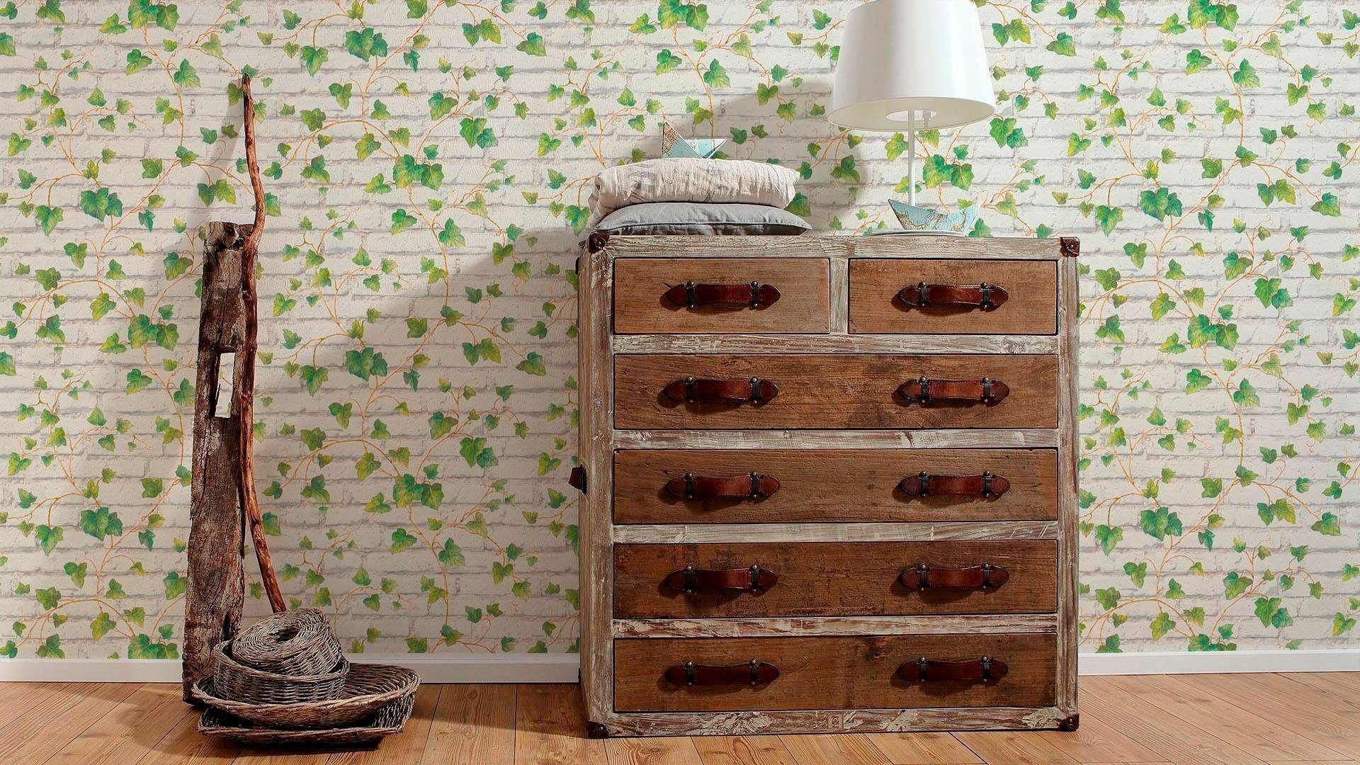 living walls Vliestapete Best of Wood`n Stone 2nd Edition, Steinoptik, Blumentapete Tapete Stein Grün Weiß Braun
