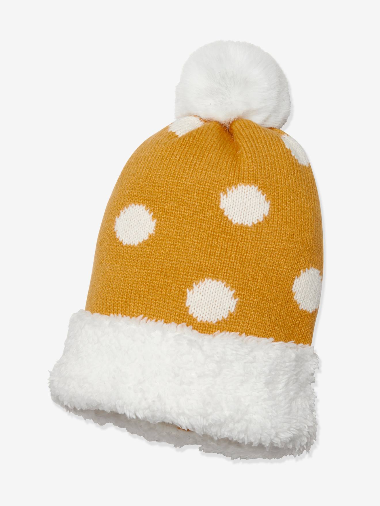 Bonnet fille en maille à pois et fausse fourrure moutarde imprimé
