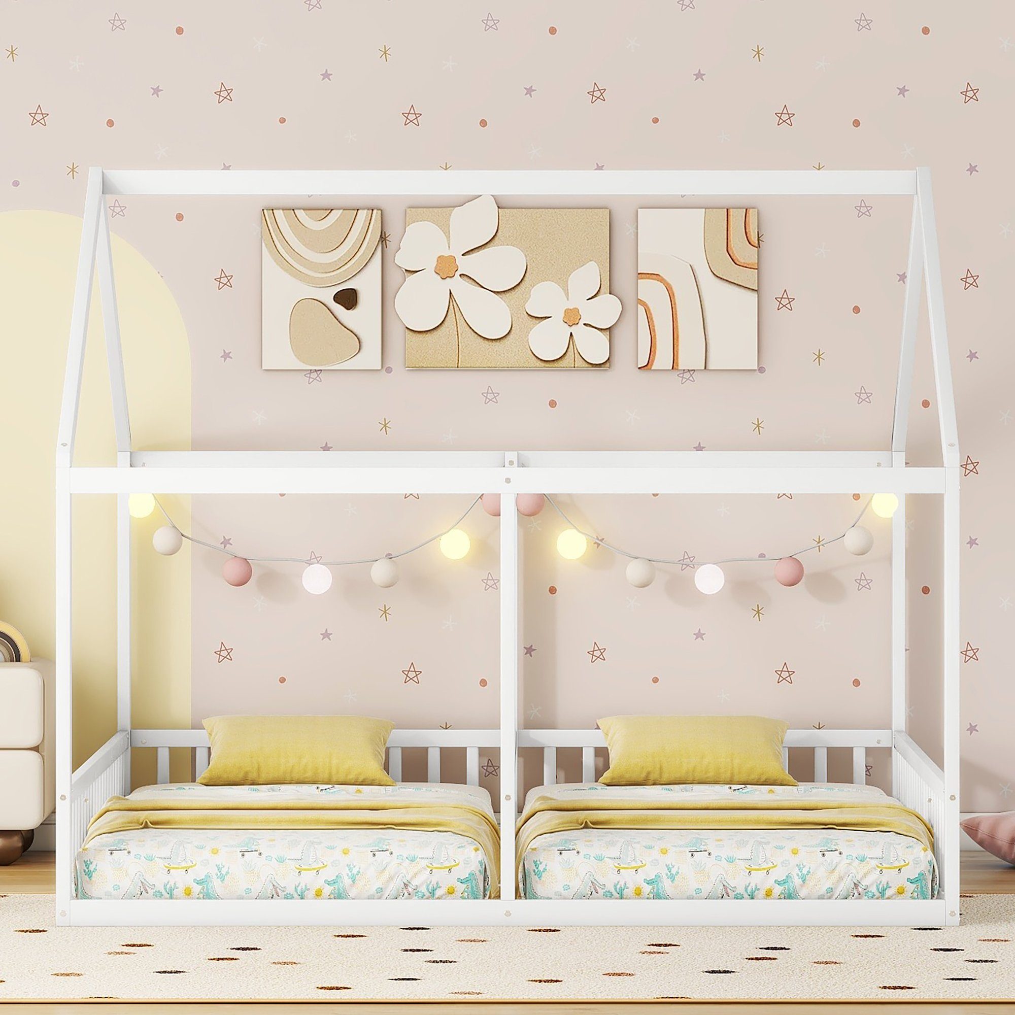 WISHDOR Kinderbett Funktionsbett Holzbett Einzelbetten, 2-in-1-Betten (flache Betten, Hausmodelle, 2-in-1-Betten), ohne Matratze