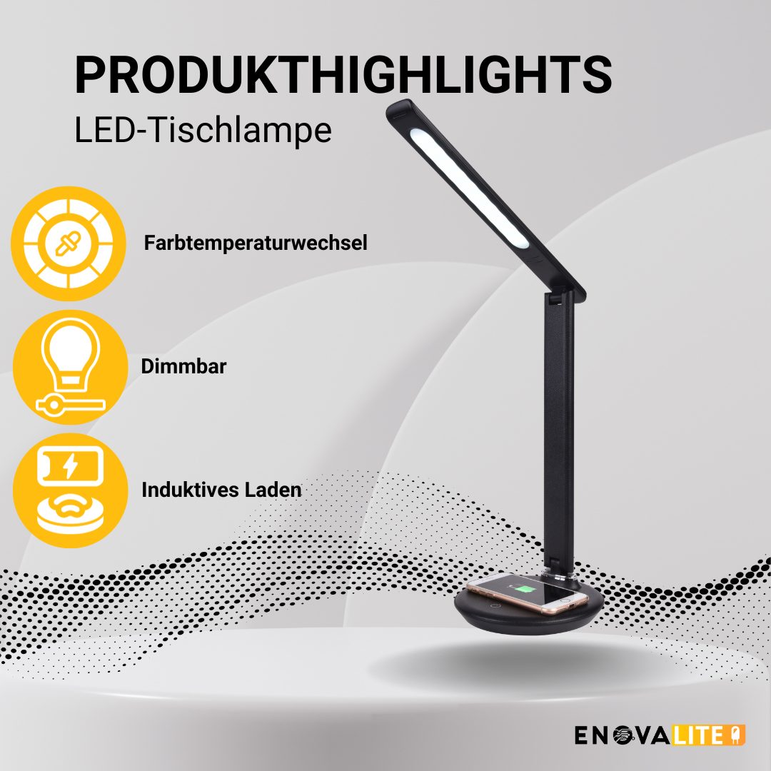 ENOVALITE LED-Tischleuchte mit induktiver und USB-Ladestation, Dimm- und CCT-Funktion