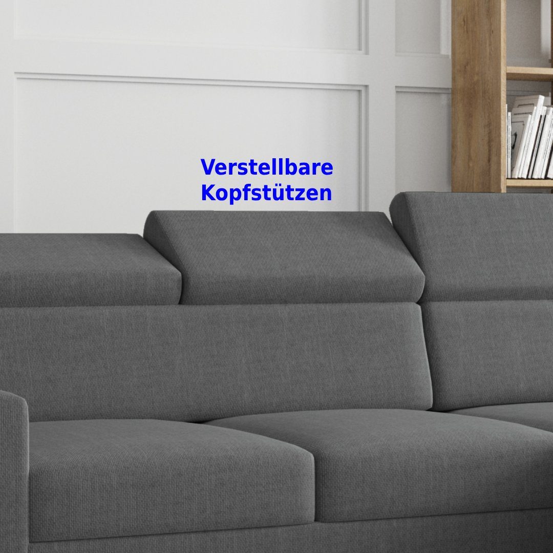 Möbel Punkt Ecksofa Ecksofa TOKIO Webstoff Grau oder Schwarz mit Bett und Bettkasten, Rechts und Links universell aufbaubar, mit Bettfunktion