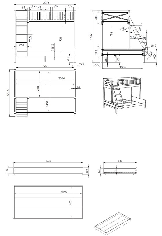 VIPACK SCOTT Familienbett mit Liegefläche 90x200 u. 140x200 cm, inkl. Rolllattenrost, Leiter Bettschublade, Ausf. Kiefer weiß lackiert