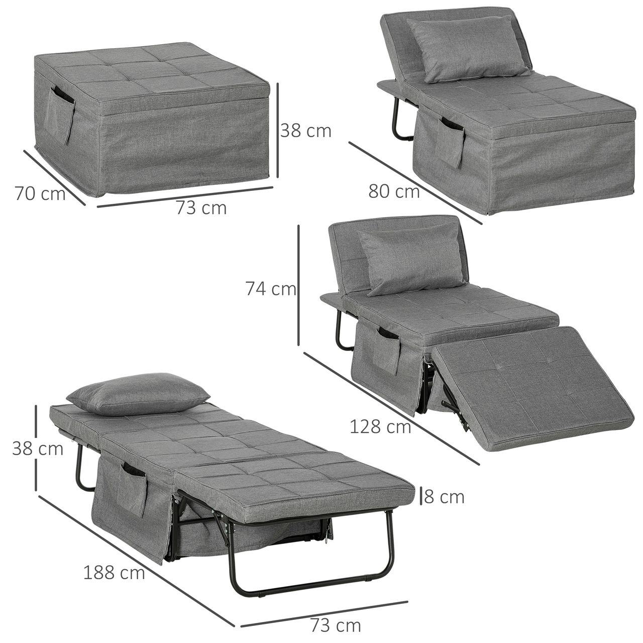 HOMCOM 4-in-1 Einzelbett Klappbett Gästebett klappbare Reisebett Sessel Ottomane mit 8 cm Matratze 5-Stufen Höhenverstellbar mit stabilem Stahlrahmen Grau 188 x 75 x 38 cm…