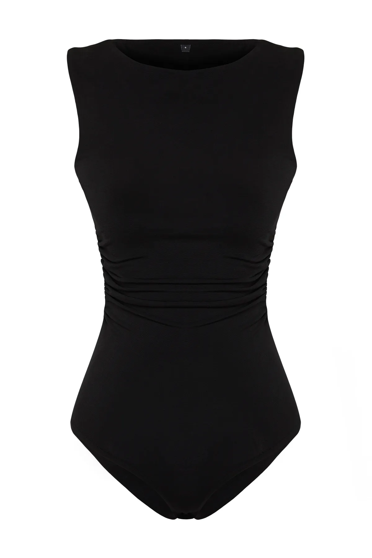 Trendyol Collection  Schwarzer, dehnbarer Strickbody mit U-Boot-Ausschnitt und Druckknöpfen, gerafft TWOSS24BD00020