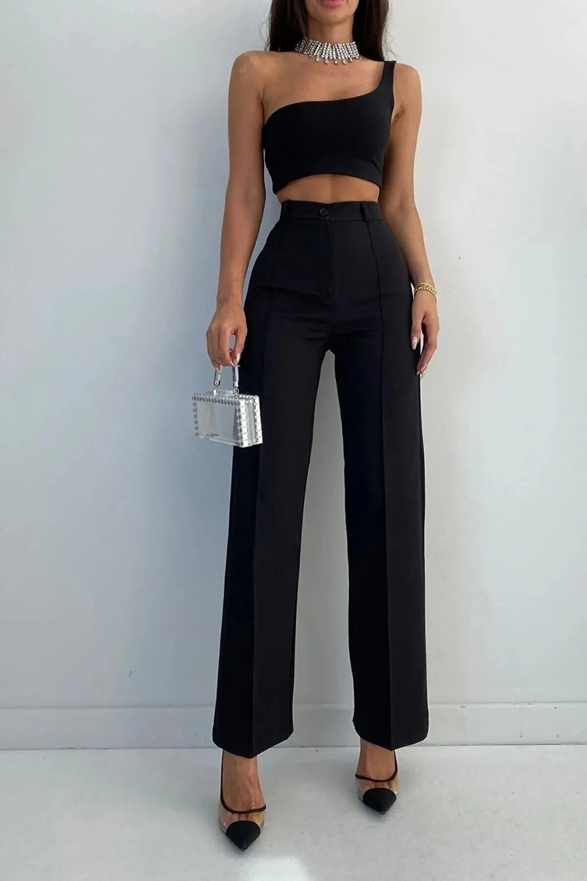 ELLEGANT  Schwarze Palazzo-Hose für Damen mit hoher Taille, gerippten Nähten und Raffungen für die neue Saison