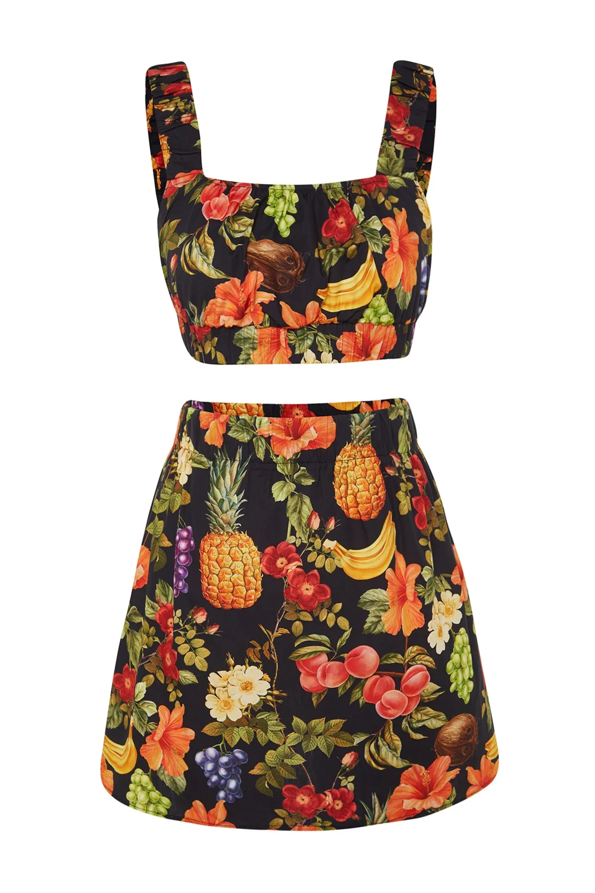 Trendyol Collection  Blusen- und Rock-Set aus 100 % Baumwolle mit Obstmuster und gerafftem Webmuster TBESS23AU00170