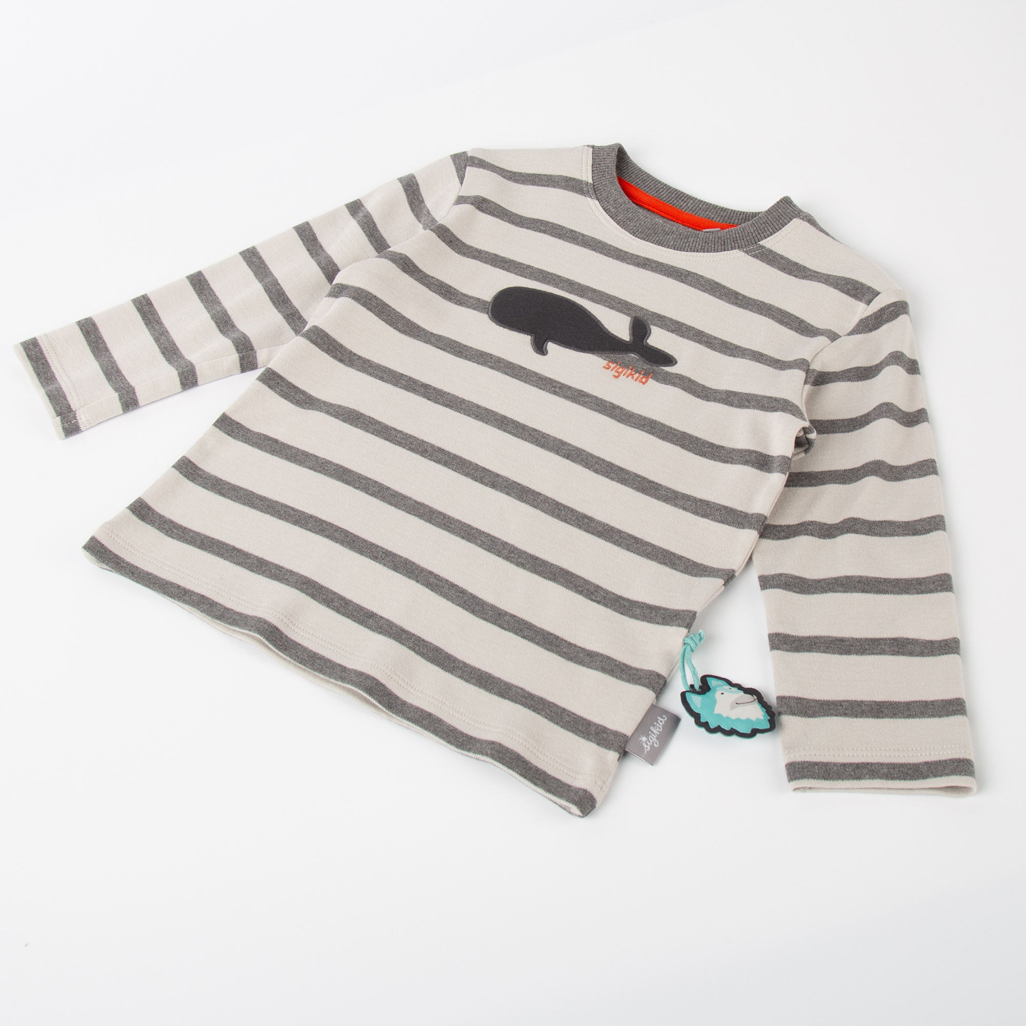 Kinder Langarmshirt mit Wal Motiv, grau geringelt