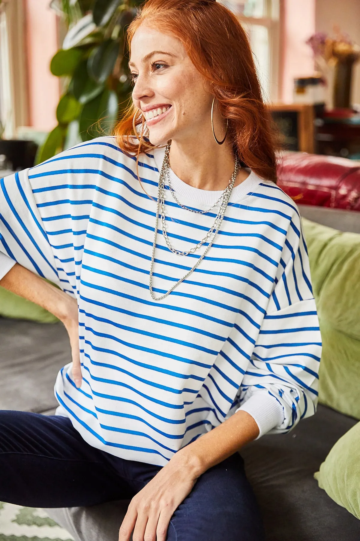 Olalook  Damen-Sweatshirt, weiß, indigoblau, gestreift, Basic, weich, strukturiert, lockeres Sweatshirt SWT-19000457