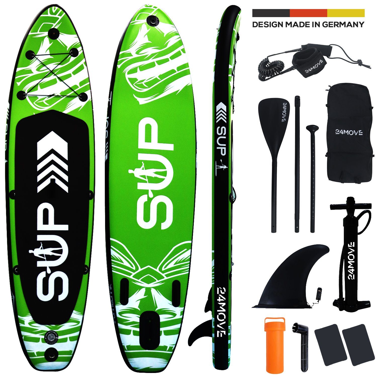 24Move SUP-Board Supboard Set, Premium Stand Up Paddleboard aufblasbar, inkl. Zubehör, Longboard, (Rucksack, Paddel, Action Cam ready, Doppelhub Pumpe, Sicherungsleine, 6 tlg., für Kinder & Erwachsene, GRÜN, 305x76, bis 150 kg), mit Drop Stich Techno