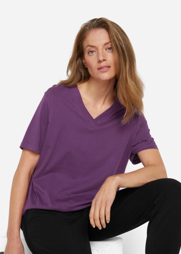 Weites Long-Shirt mit V-Ausschnitt, Kurzarm (5er Pack)