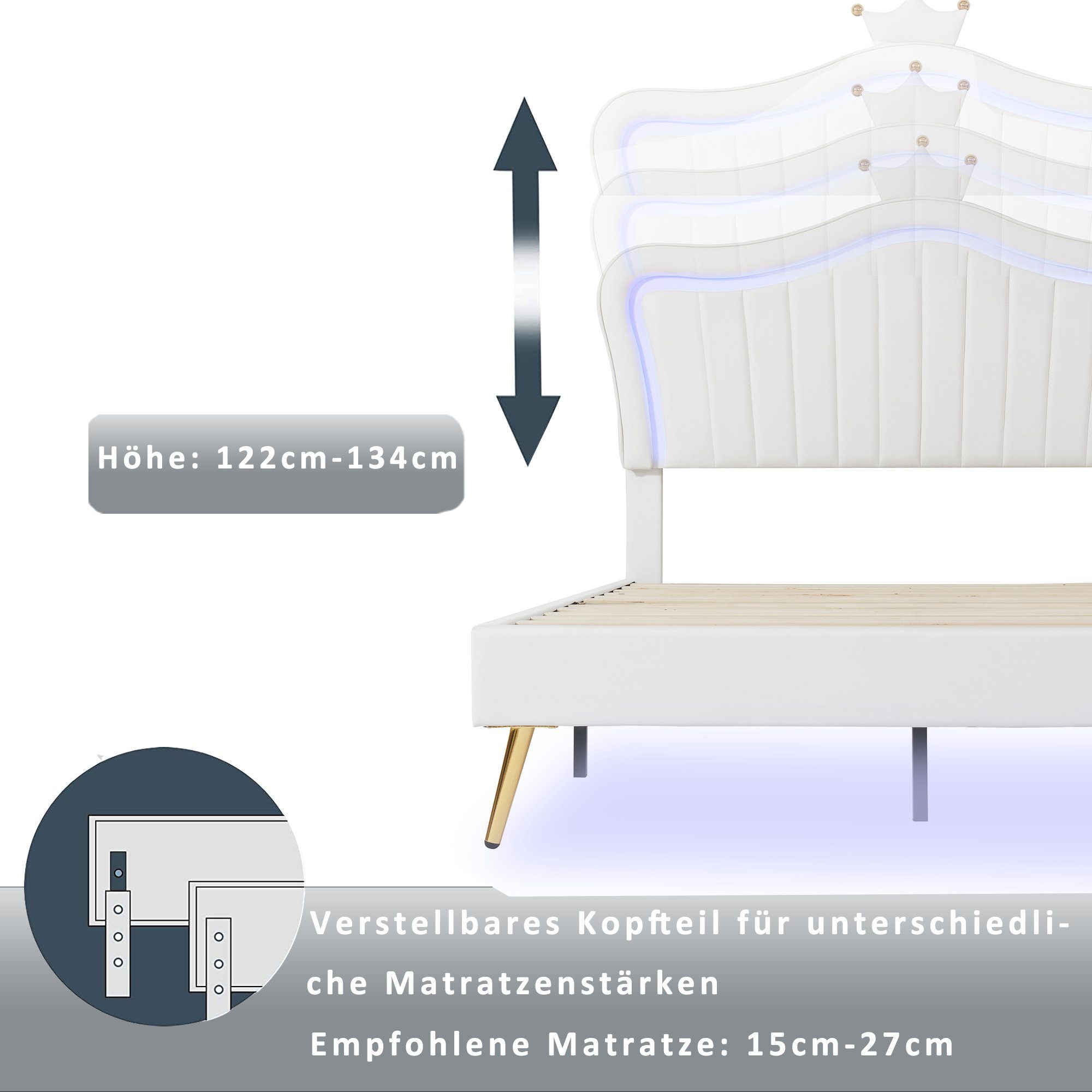 HAUSS SPLOE Polsterbett Polsterbett Funktionsbett Bettrahmen KInderbett (Bettgestell für Mädchen, weißes Kronen-Doppelbettgestell aus Leder, mit LED-Leuchten, Lattenrost und Rückenlehne 90 x 200 cm)