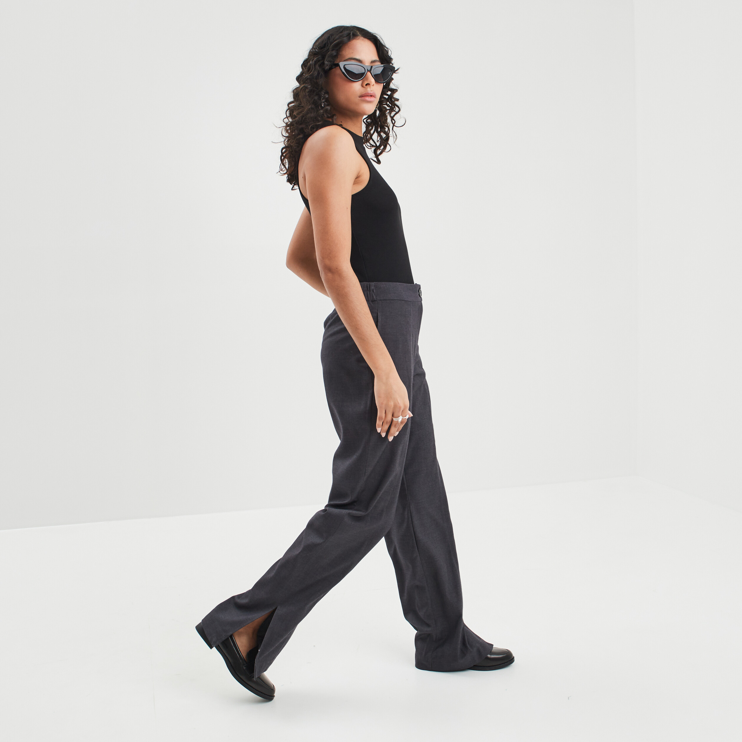 Pantalon wide leg taille haute gris foncé femme | La Halle