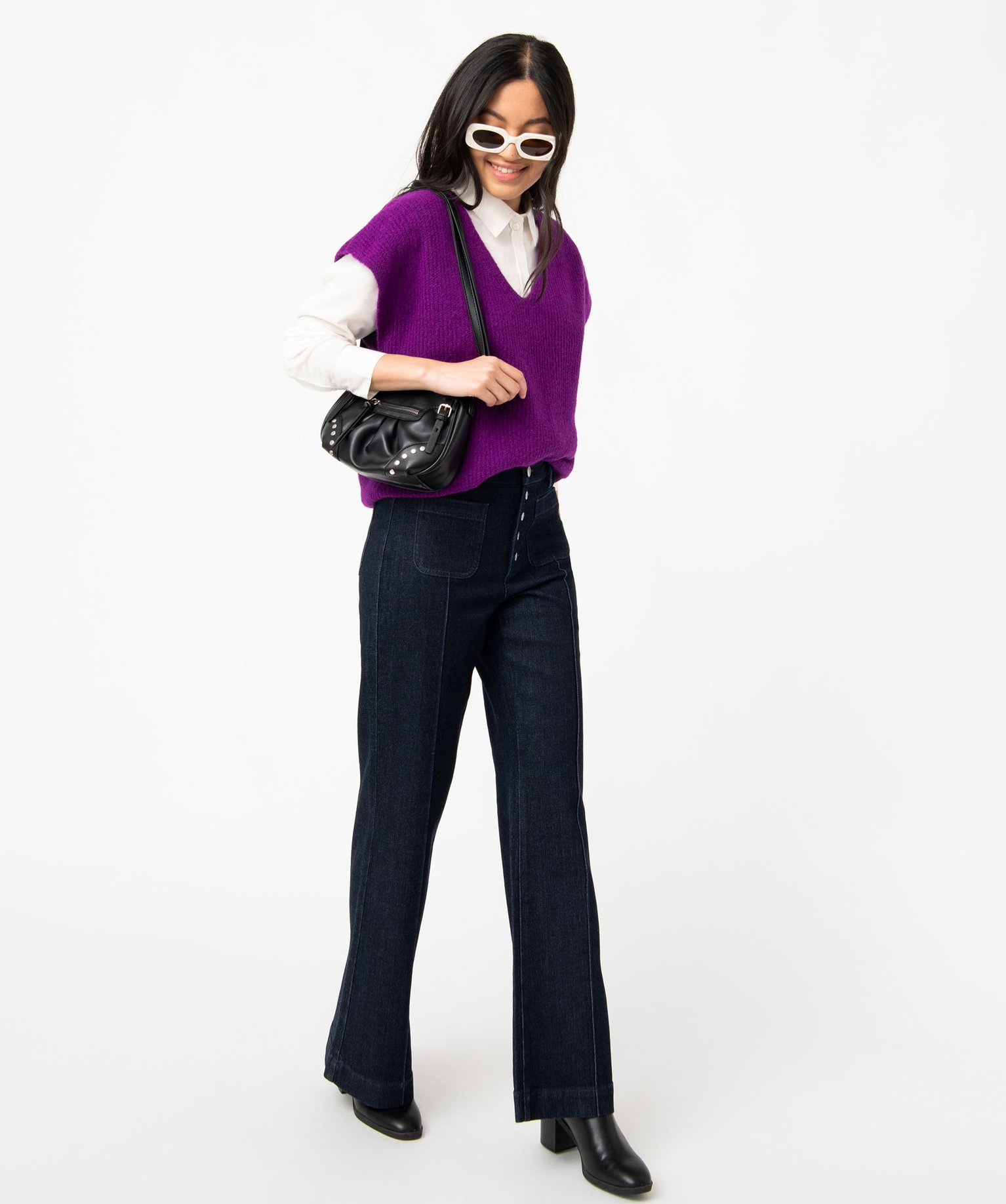 Jean "Wide legs" taille haute avec braguette boutons femme brut | GEMO