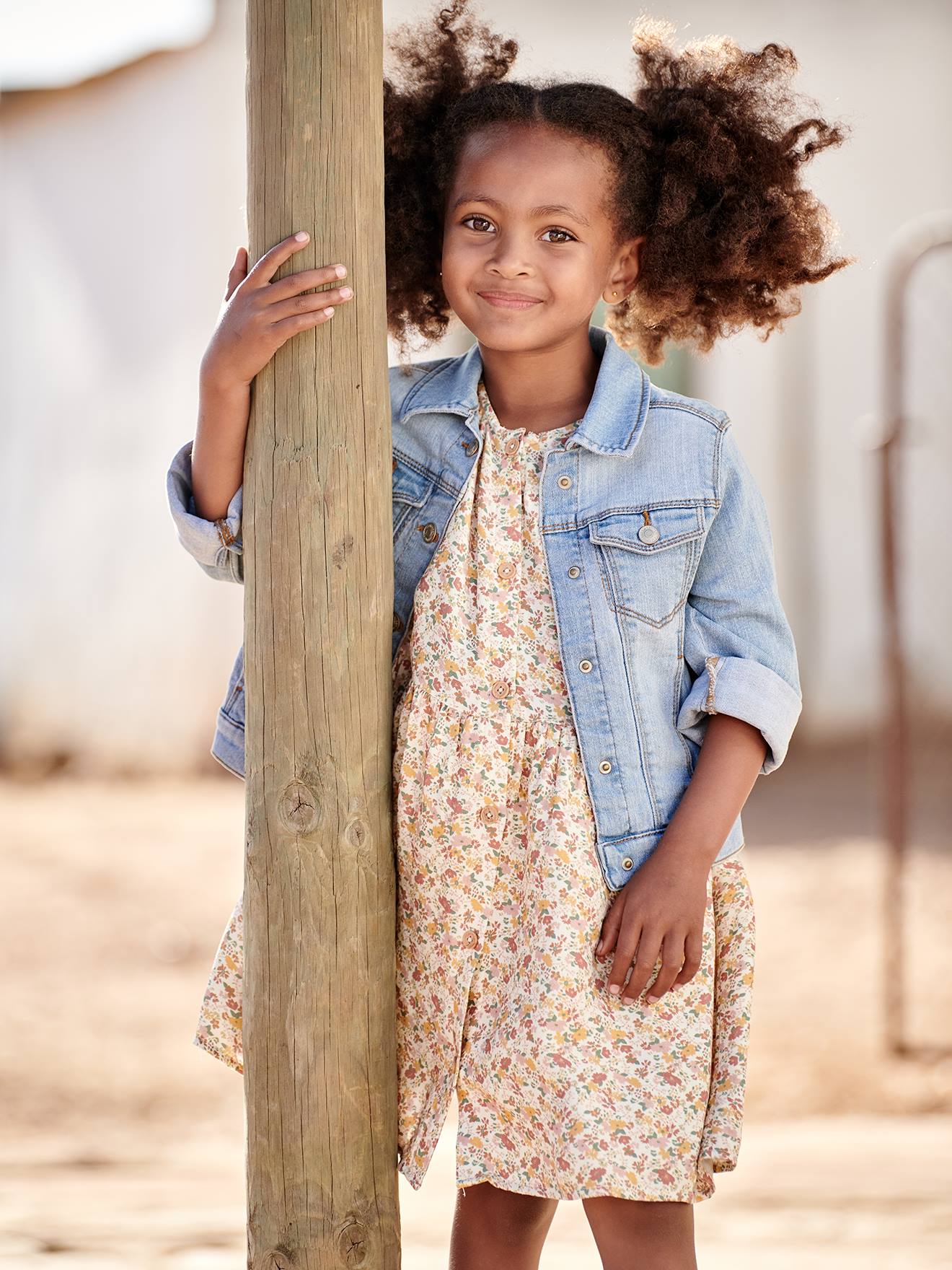 Robe boutonnée à fleurs fille beige imprimé