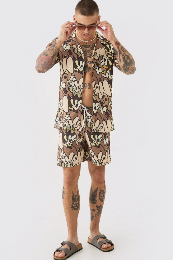Ripstop Hemd mit Graffiti-Print & Badehose