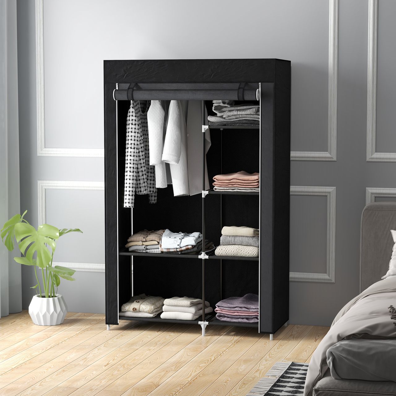 HOMCOM Kleiderschrank Stoffschrank mit 2 Kleiderstangen, 6 Fächern, Schwarz