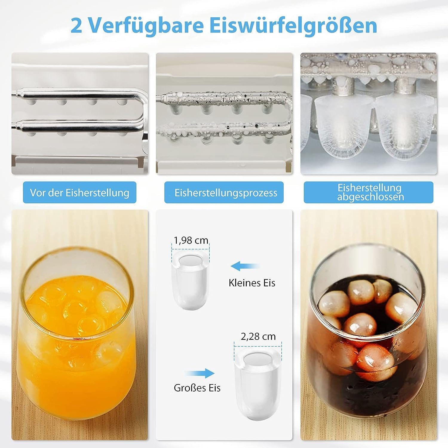KOMFOTTEU Eiswürfelmaschine, 15 kg/24H, mit 2 Würfelgrößen, 2L Wassertank