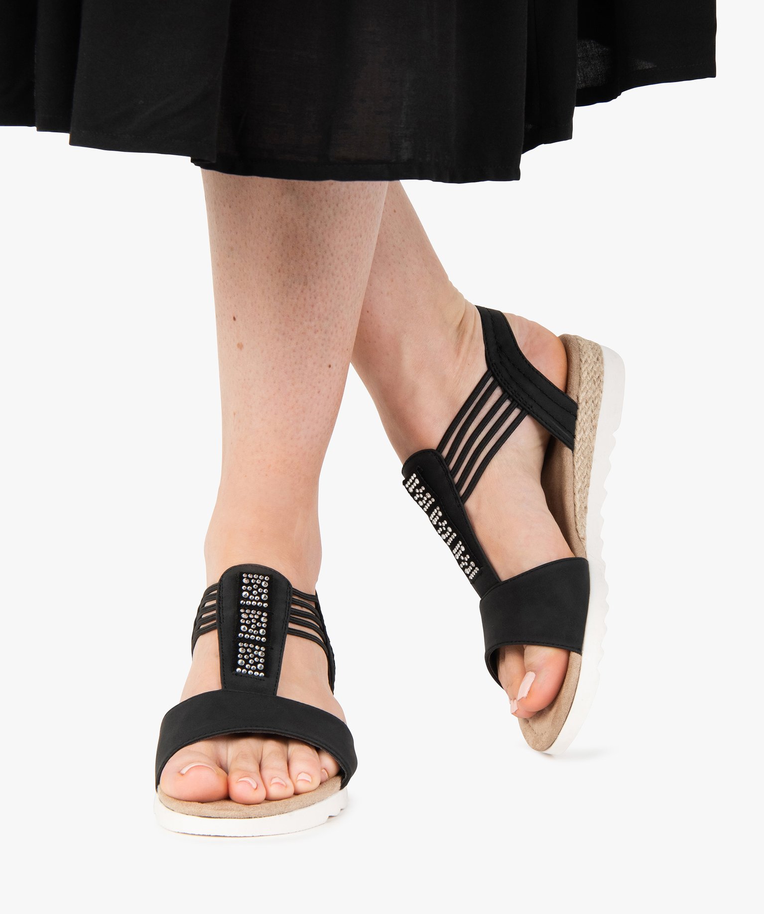 Sandales femme à petit talon compensé et brides élastiques noir | GEMO