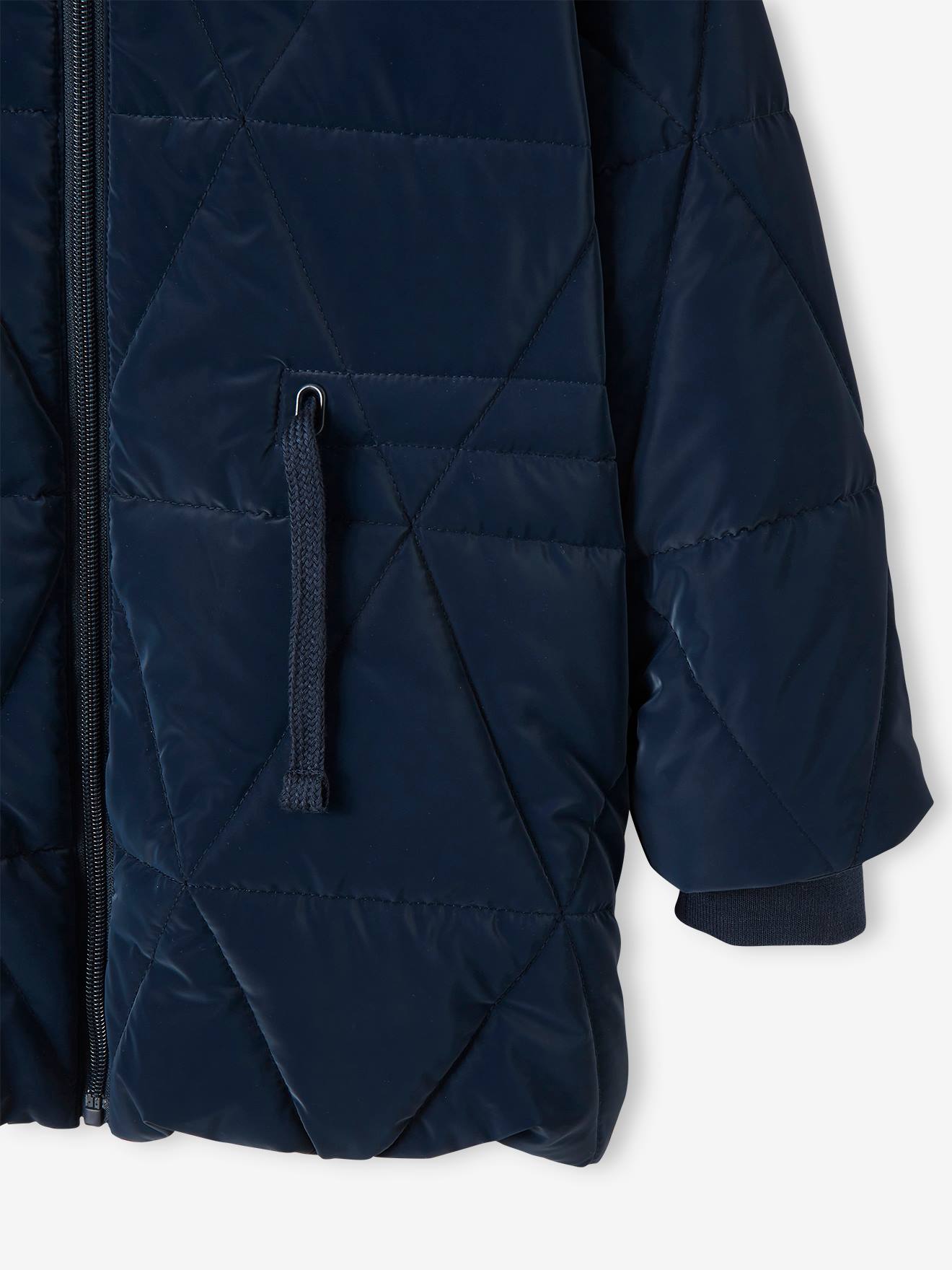 Doudoune longue à capuche fille doublée sherpa blue dark