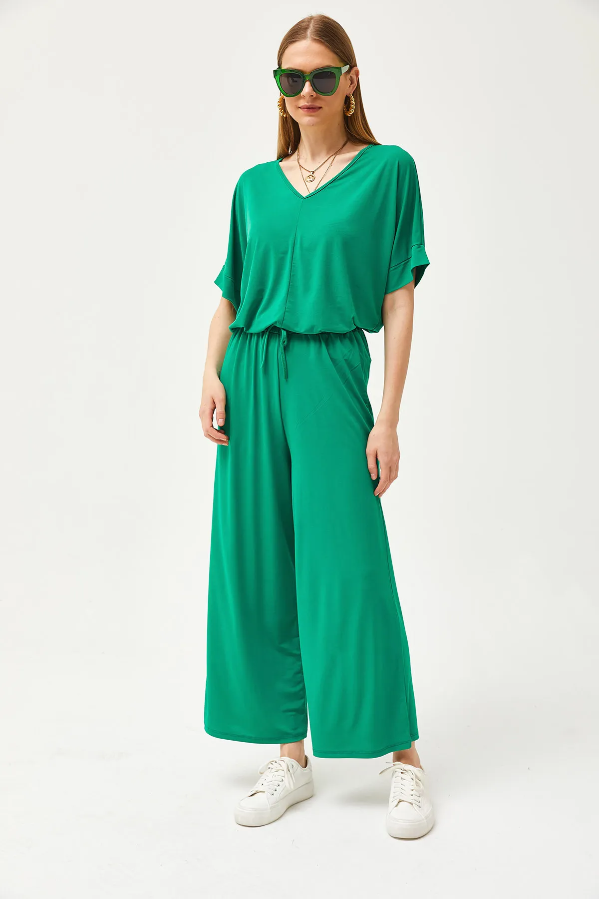 Olalook  Grünes Oberteil, Bluse, Unterteil, Palazzo, lockeres Strick-Set für Damen, TKM-19000267