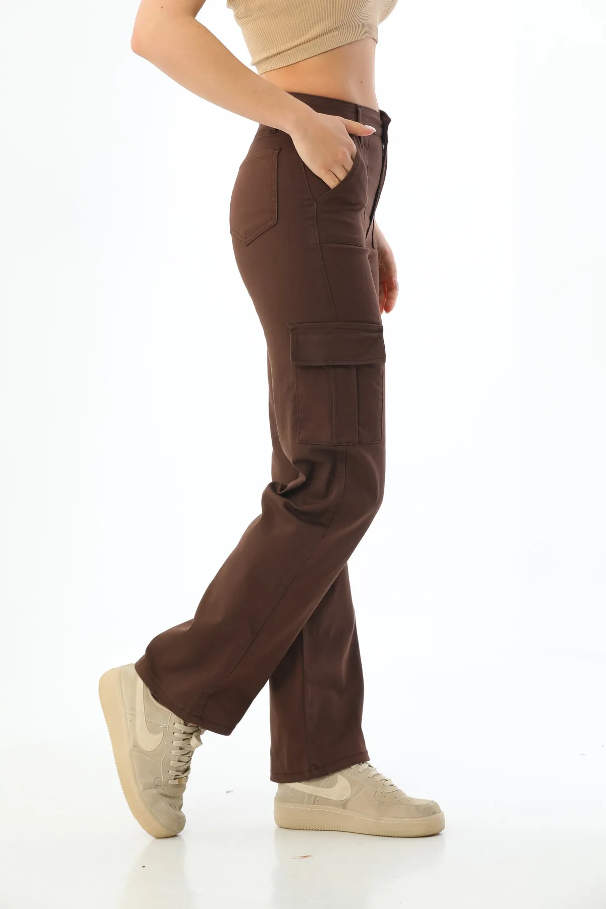 BİKELİFE  Braune Cargo-Hose aus Lycra mit hoher Taille und weitem Bein und Tasche