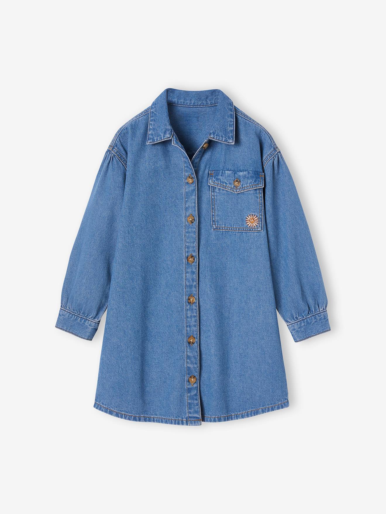 Robe chemise en denim fille animée d'une broderie fleur stone