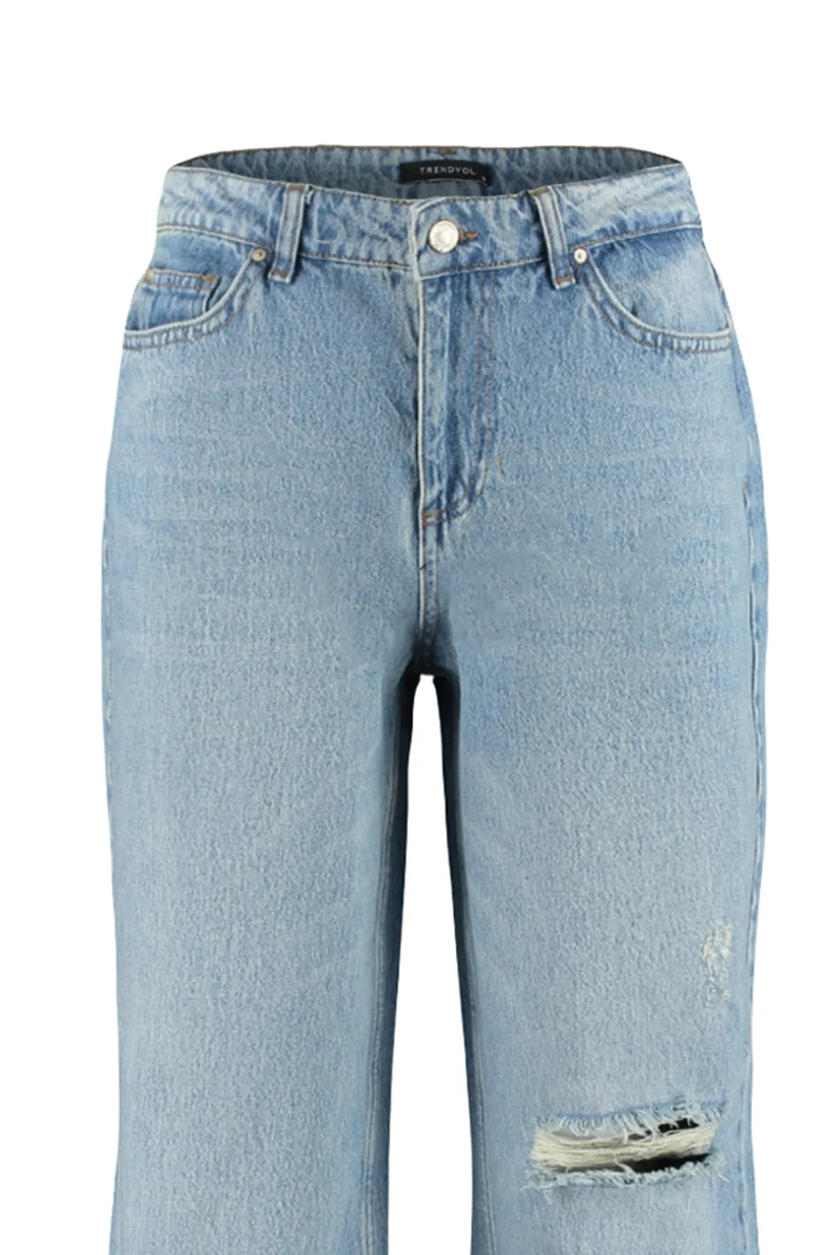 Trendyol Collection  Blaue, blasse Vintage-Jeans mit weitem Bein und Rissen, niedrige Taille, TWOSS23JE00102