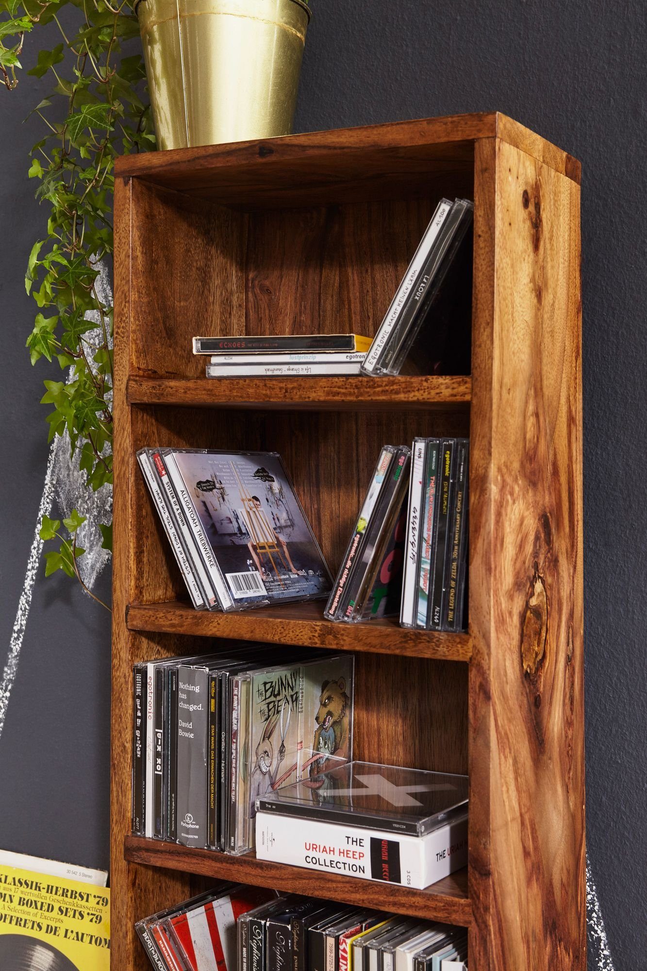 Wohnling CD-Regal WL1.763, Sheesham Massivholz 90 cm, Standregal für CDs, CD-Aufbewahrung 5 Fächer, Bücherregal Landhausstil