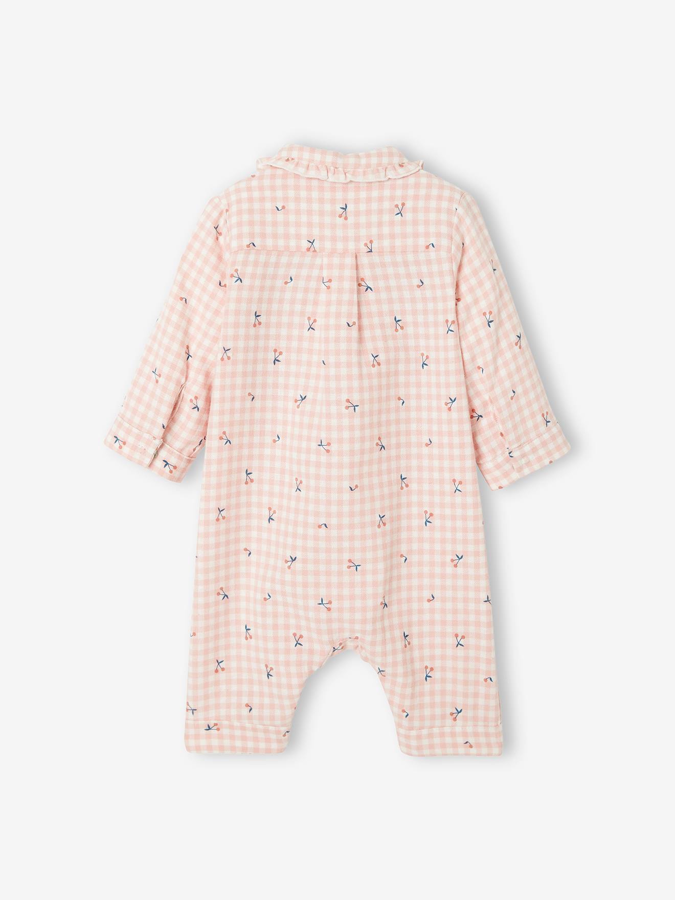 Pyjama bébé en flanelle de coton ouverture naissance carreaux rose thé