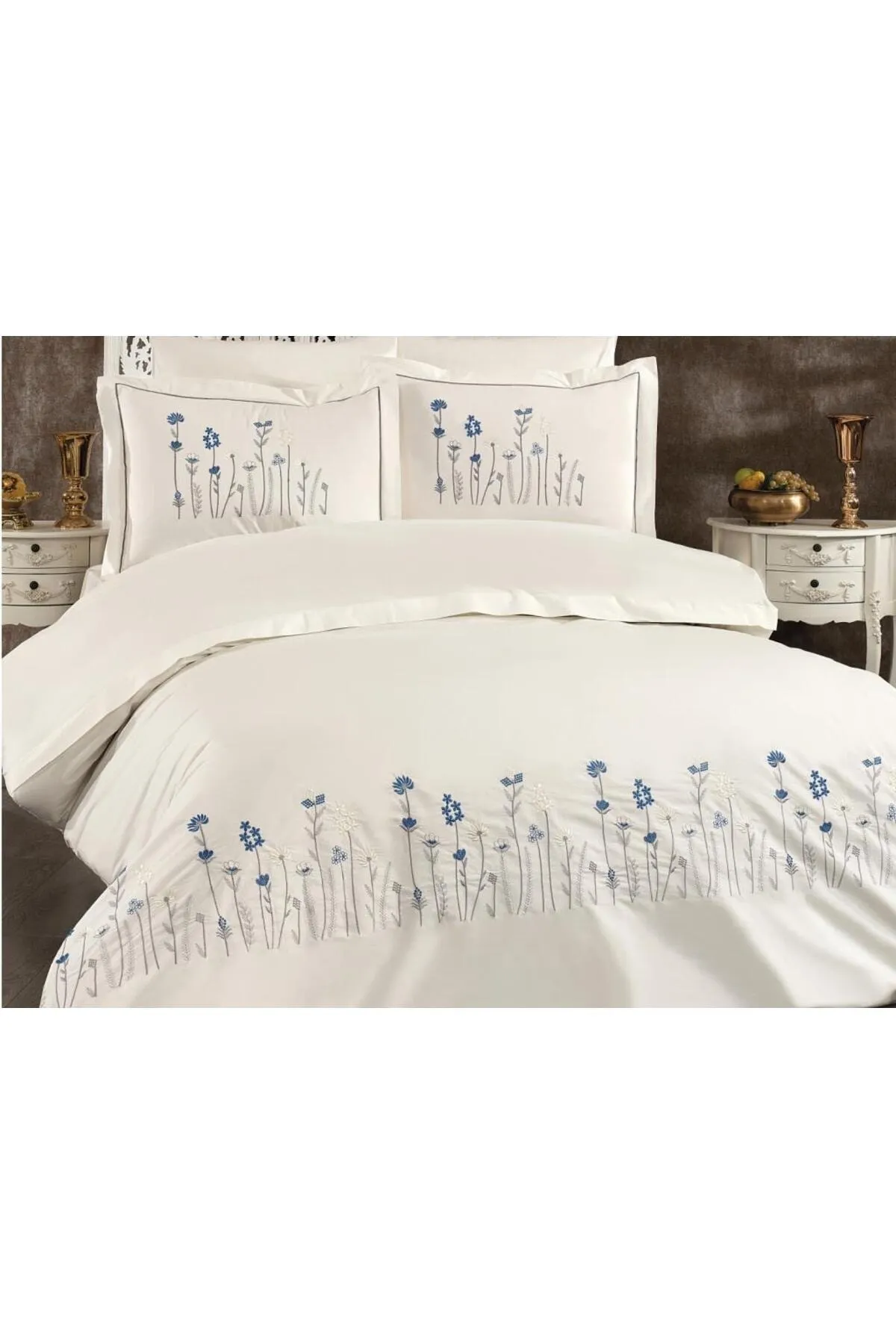 Çeyiz Diyarı  Seidenbesticktes Doppelbett-Bettbezug-Set, Creme – Blau