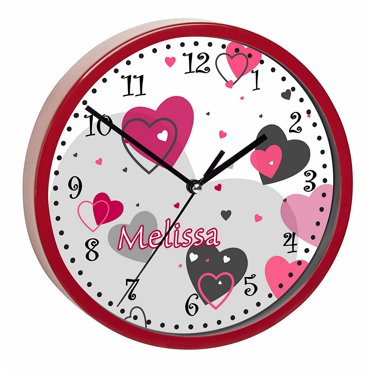 Kinder Wanduhr personalisiert mit Name Herz Rosa Grau