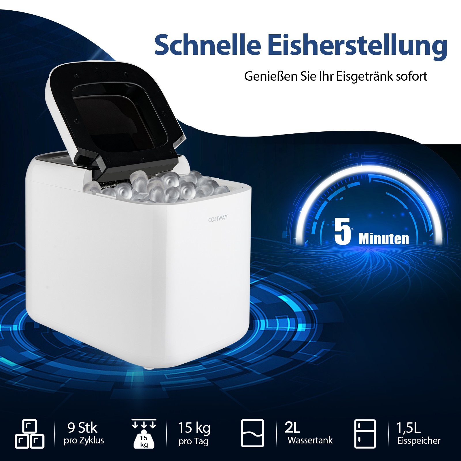 COSTWAY Eiswürfelmaschine, 9 Eiswürfel in 6-8 min, 15kg 24 H, 2L Wassertank