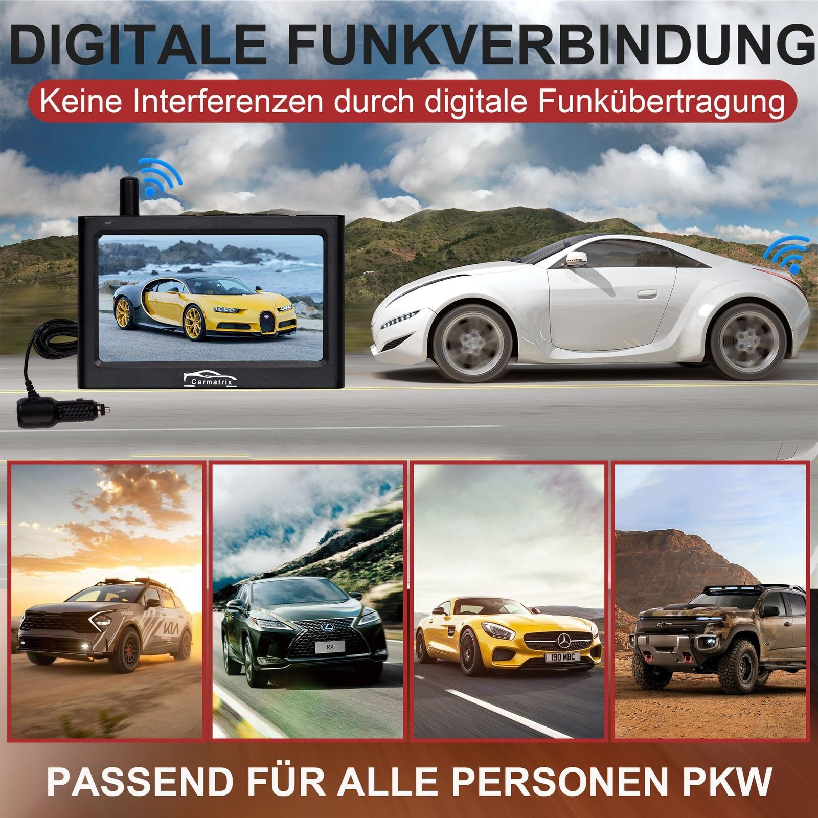 CARMATRIX Kabel 1 Rückfahrkamera (Auto Funk Rückfahrsystem im Nummernschild Kennzeichenhalter, Rückfahrkamera Digital kabellose Einparkhilfe zum nachrüsten)