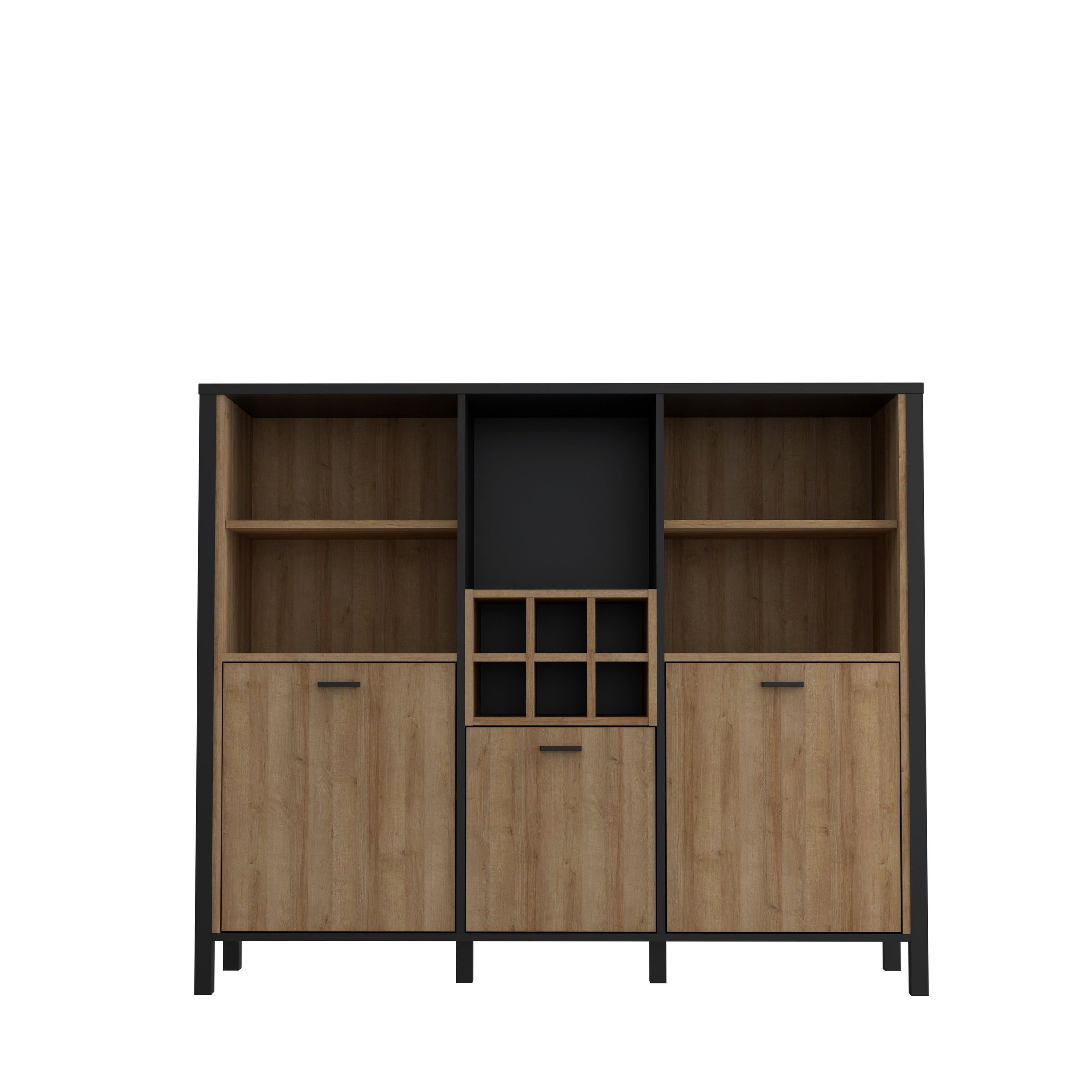 möbelando Barschrank Hialeah Barschrank im Industrial-Design aus Spanplatte in Riviera Eiche Nachbildung, Gestell in Schwarz mit 3 Holztüren, 4 Einlegeböden, 6 Flaschenfächern und 5 offenen Fächern. Breite 139,4 cm, Höhe 117,1 cm, Tiefe 40,2 cm