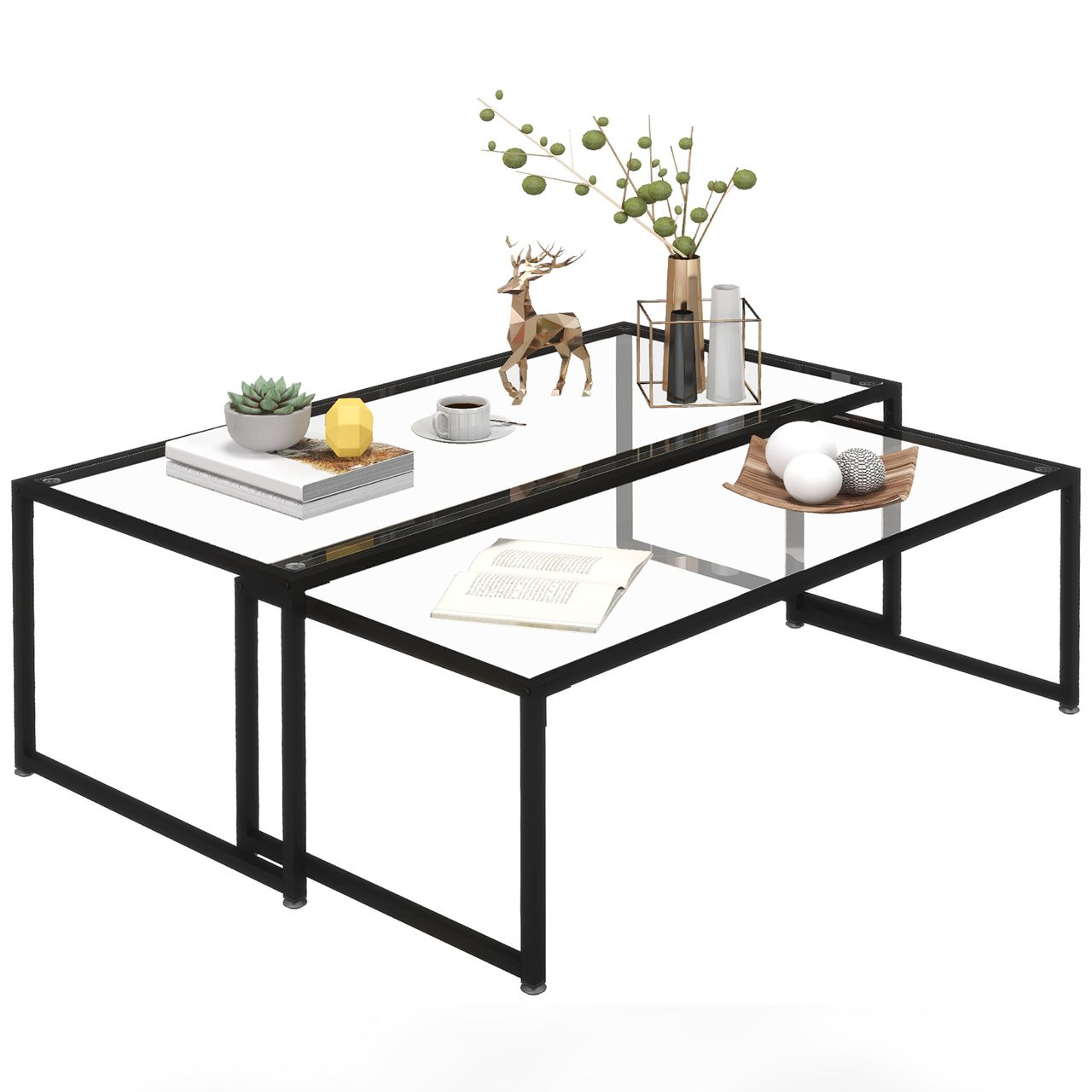 HOMCOM Couchtisch 2er-Set Beistelltisch, Kaffeetisch, Satztisch, Stahl, Schwarz