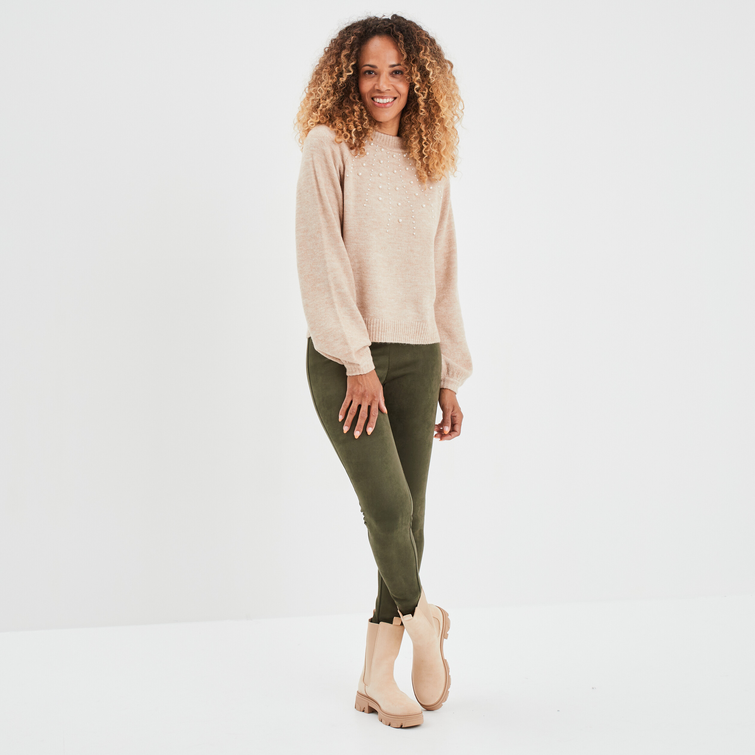 Pull avec perles et manches ballons beige femme | La Halle