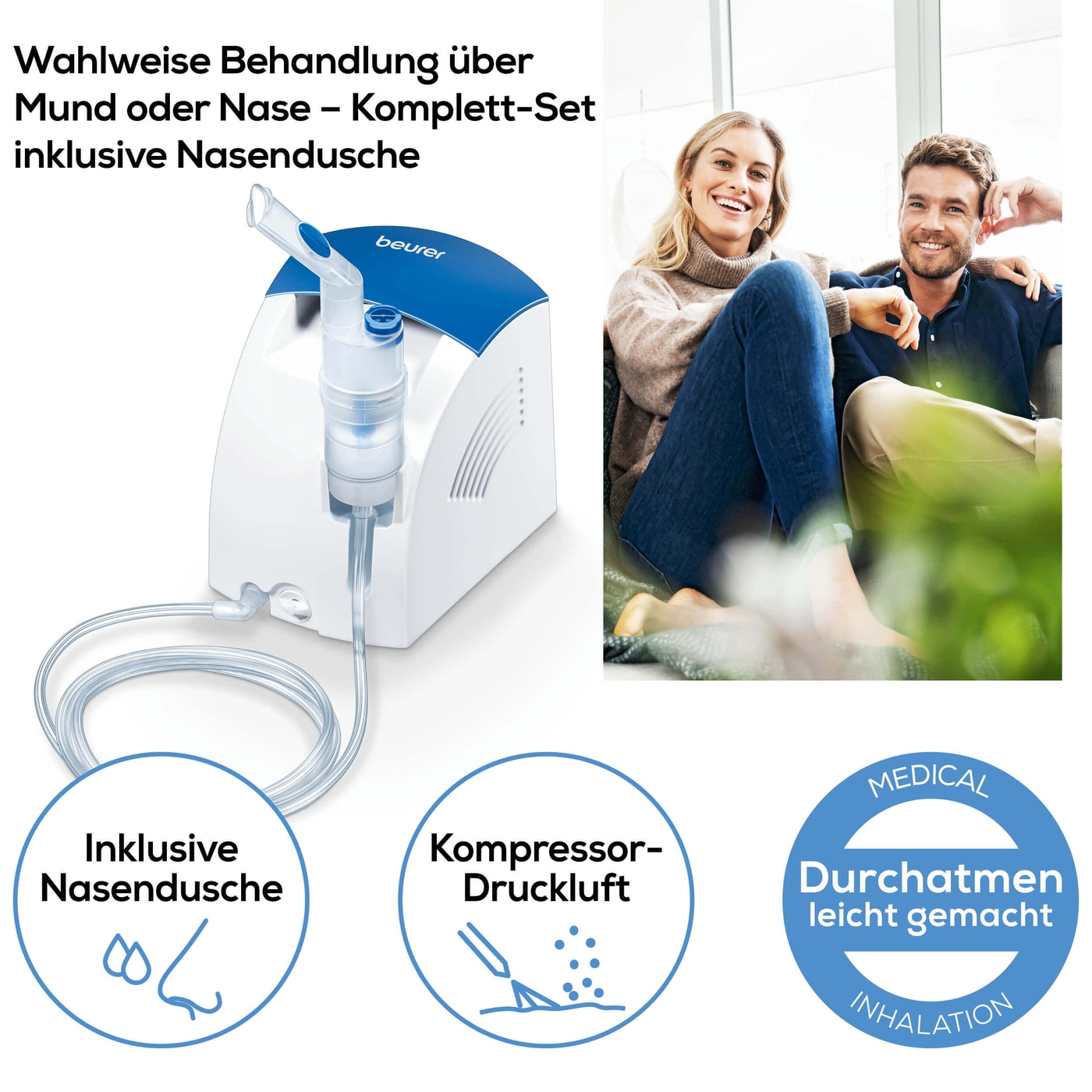 Beurer Inhalator IH 26-Inhalator mit Kompressor-Drucklufttechnologie & hohe Verneblung inkl. Nasendusche