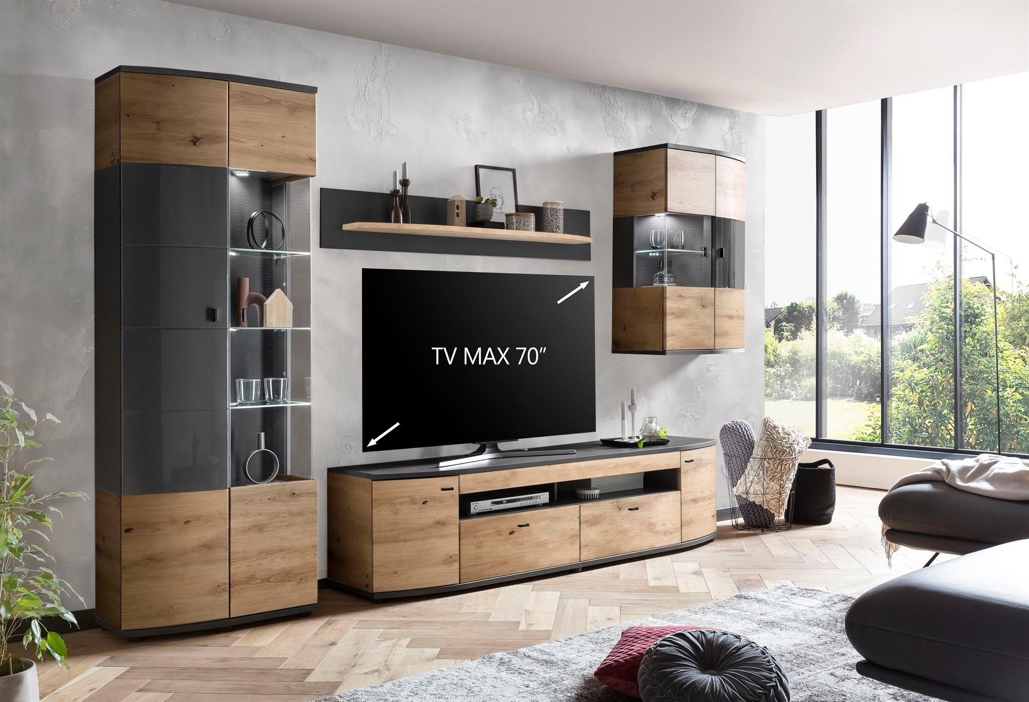 58 aufm Kessel Wohnwand Wohnwand Jacinthe 320x200x46 Eiche/Anthrazit/Anthrazit Hochglanz 10179, (Komplettset, 4-St), Türen mit Selbsteinzug und Dämpfung