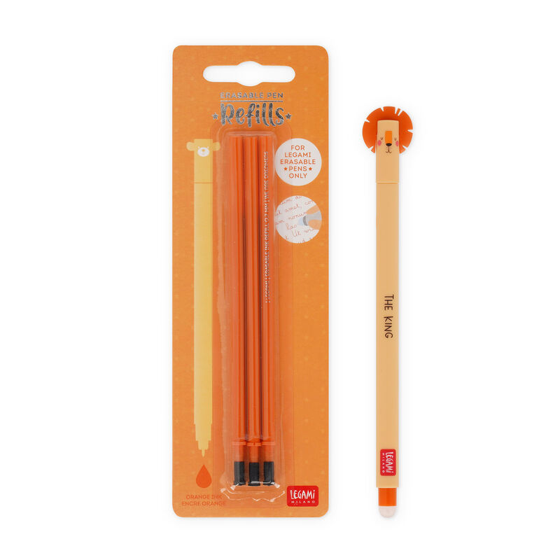Juego de bolígrafos borrables Lion con recambio naranja.