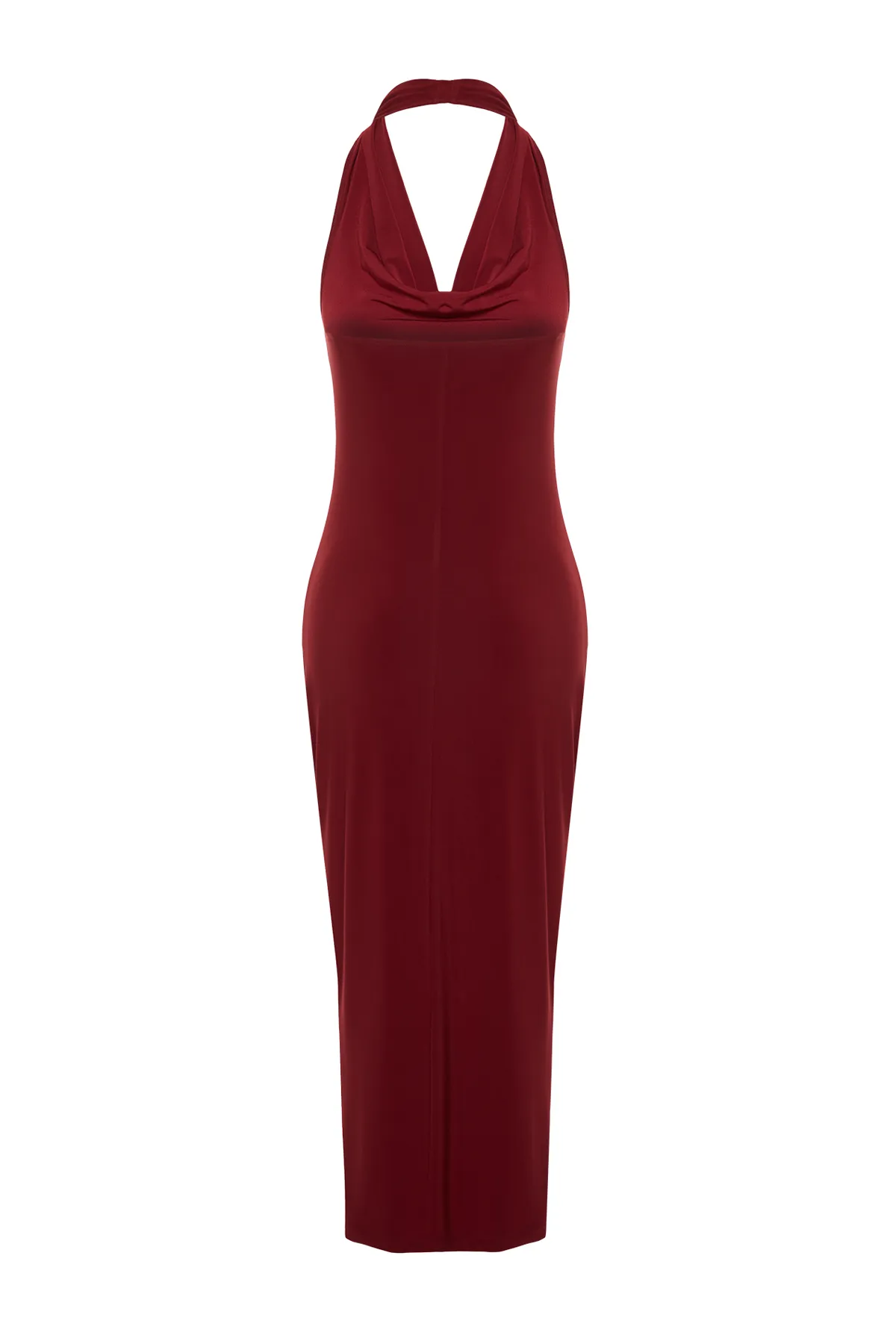 Trendyol Collection  Burgunderrotes, dehnbares Strick-Midi-Bleistiftkleid mit Degaje-Kragen TWOSS24EL00106