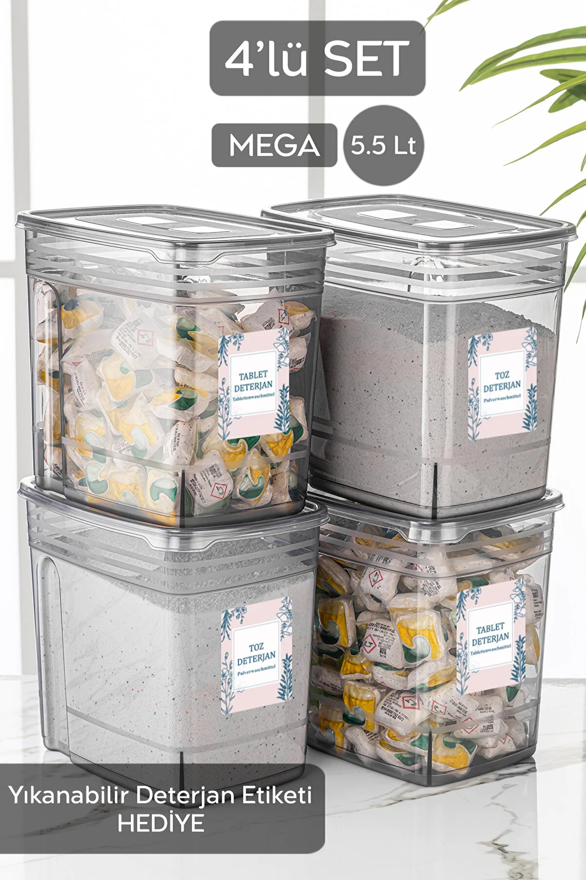 Meleni Home  4er-Set – 5,5-Liter-Jumbo-Lena-Pulvertabletten-Aufbewahrungsbehälter für Reinigungsmittel – beschriftete Aufbewahrungsbox mit Deckel