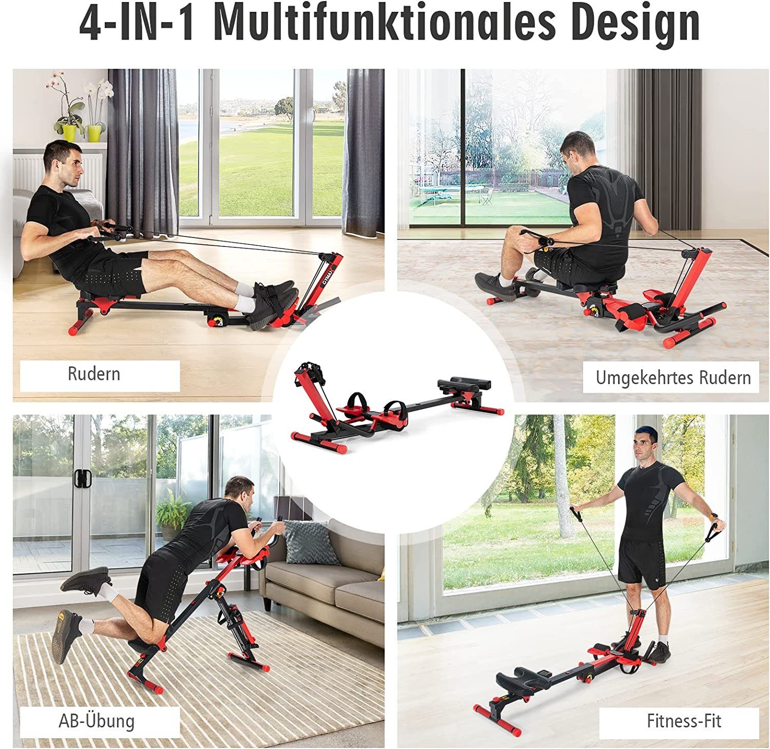 KOMFOTTEU Rudergerät 4 in 1 Rudergerät, Fitnessgerät mit Einstellbarer Spannung & Winkel