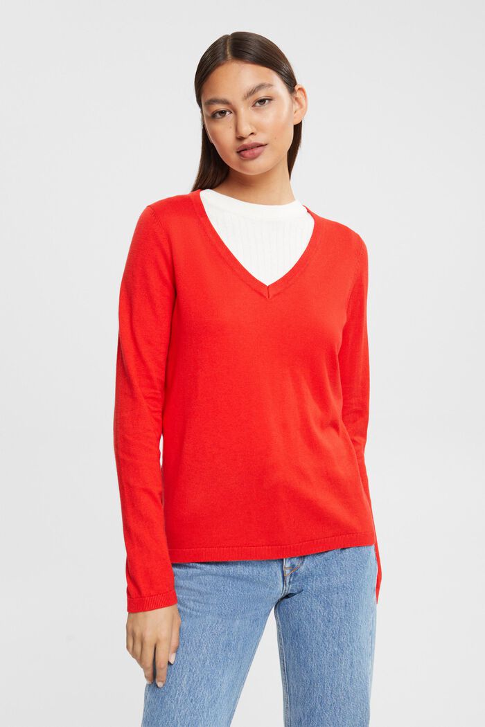 Basic V-Neck-Pullover,-Baumwoll-Mix