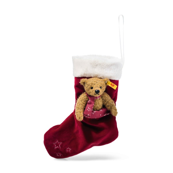 Teddybär mit Weihnachtssocke, 15 cm, hellbraun