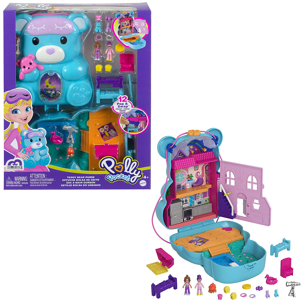 Polly Pocket Sleepover Teddybär-Tasche, inkl. 2 Figuren & Zubehör