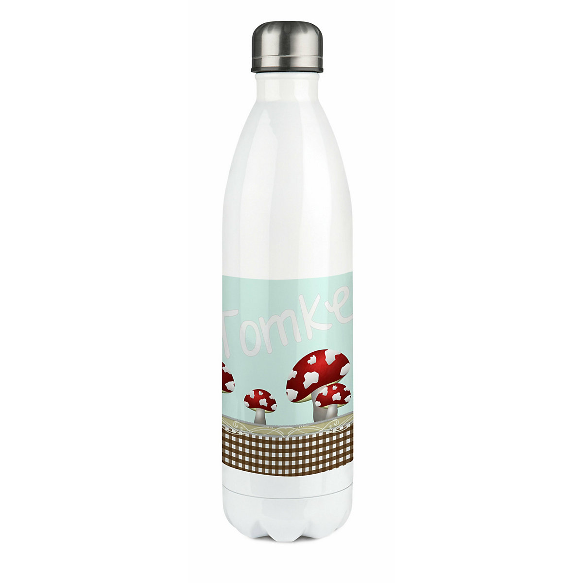 Edelstahl Kinder Thermoflasche / Trinkflasche bunt Pilz Farbe hellblau Spülmaschinenfest, Auslaufsicher, Bruchfest, Doppelwandig, Für Heißgetränke geeignet, Mit Deckel, Isoliert