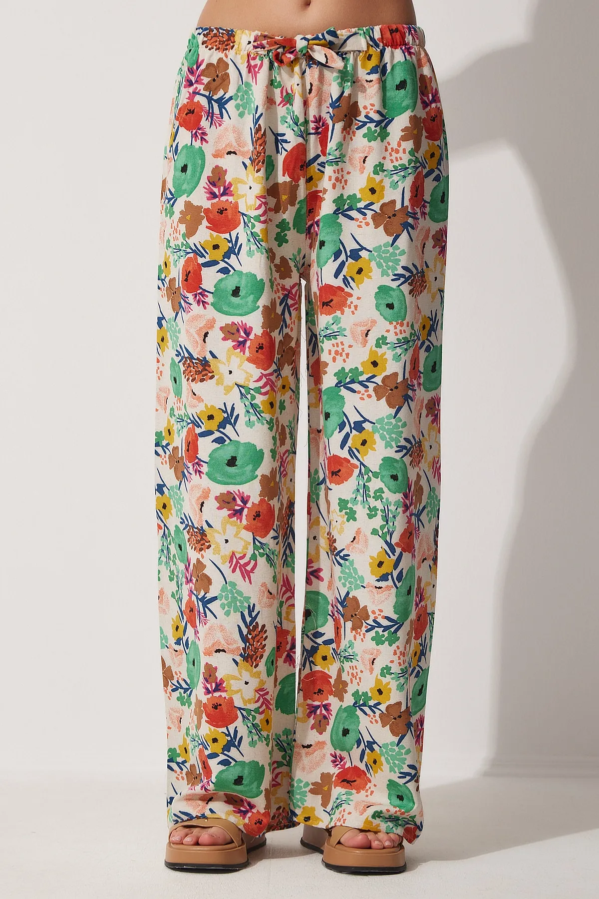 Happiness İstanbul  Damen-Palazzo-Hose aus Leinen in Beige und Grün mit Blumenmuster BH00385