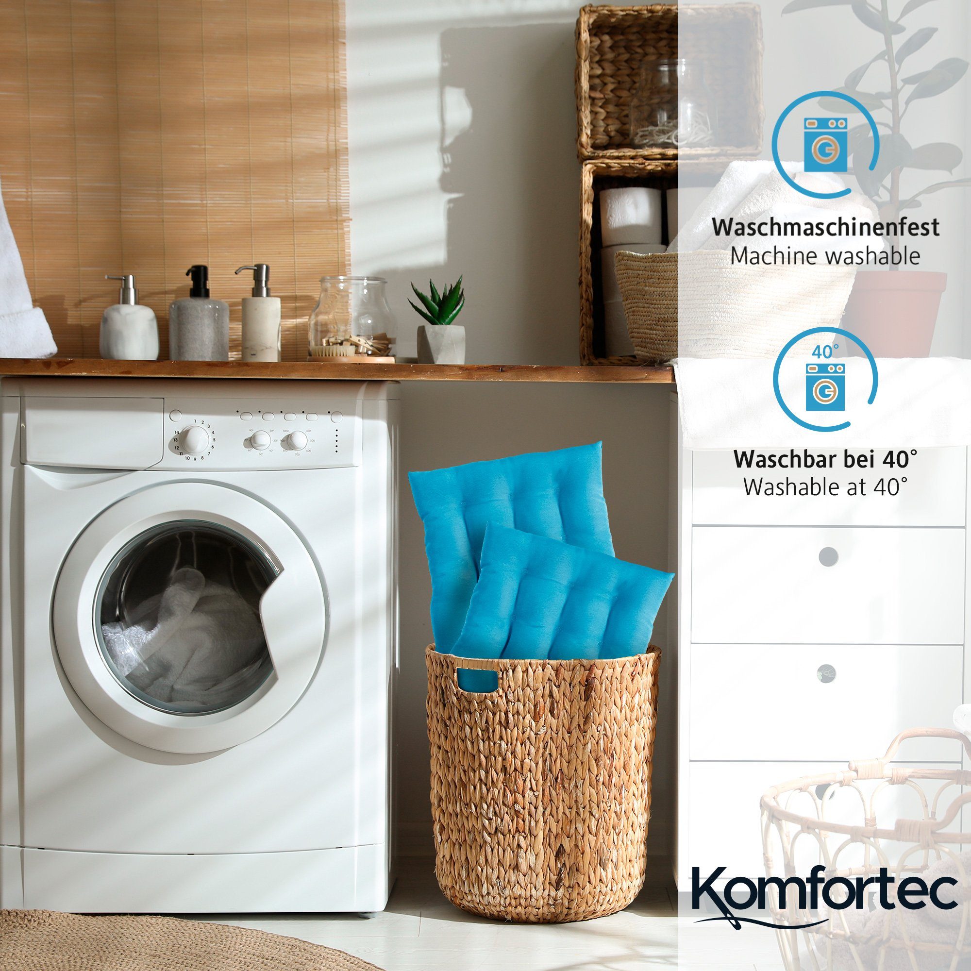Komfortec Stuhlkissen 2er Set 40x40 cm Stuhlkissen mit Bändern, 100% Baumwolle, 200 g/m², Wasserabweisend Dekokissen, Sitzauflage für Innen- & Außenbereich