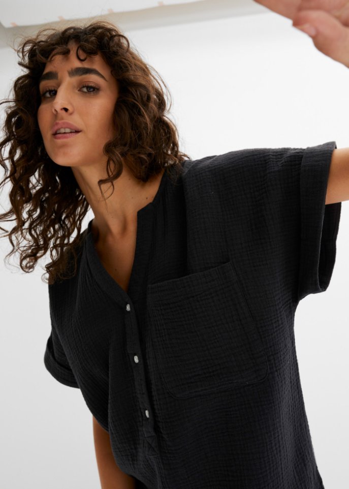 Musselin-Bluse mit Knopfleiste und Tasche