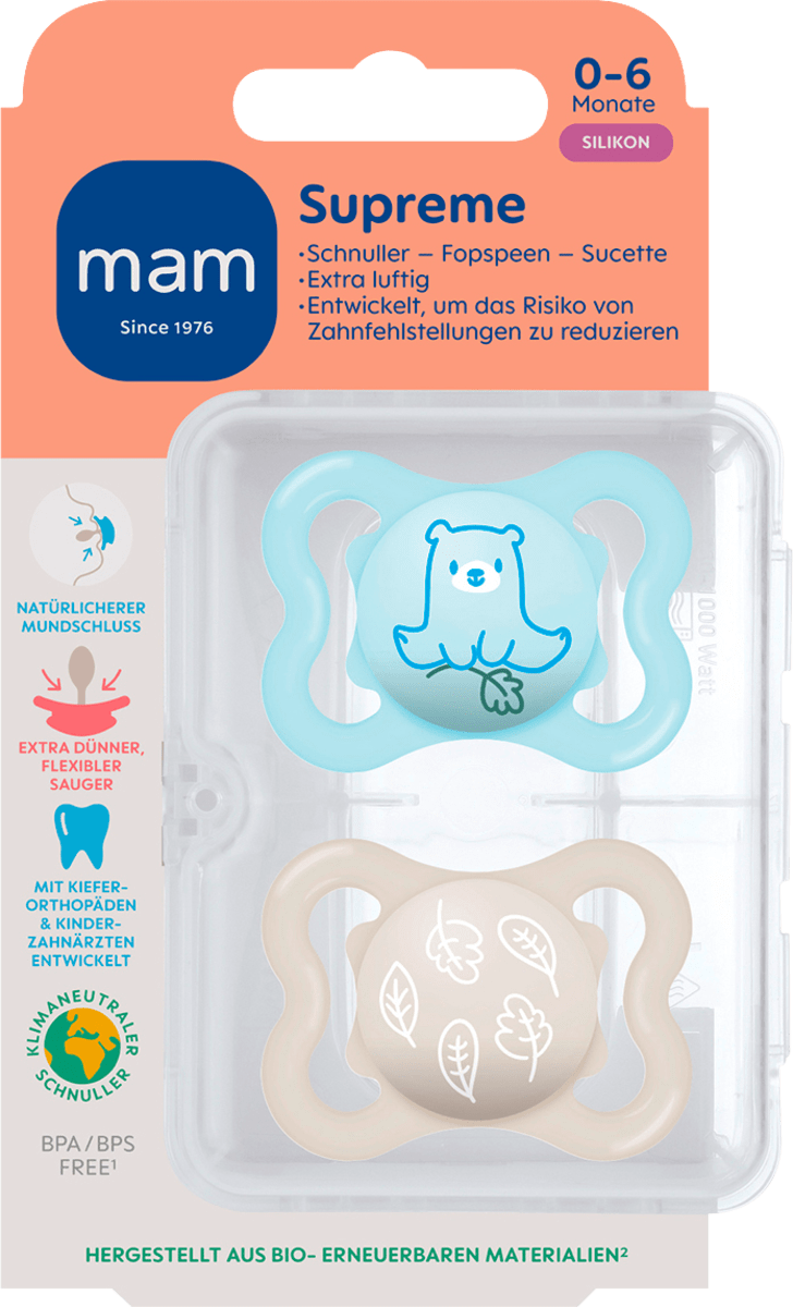 Schnuller Supreme Silikon, blau/creme, 0-6 Monate, 2 St